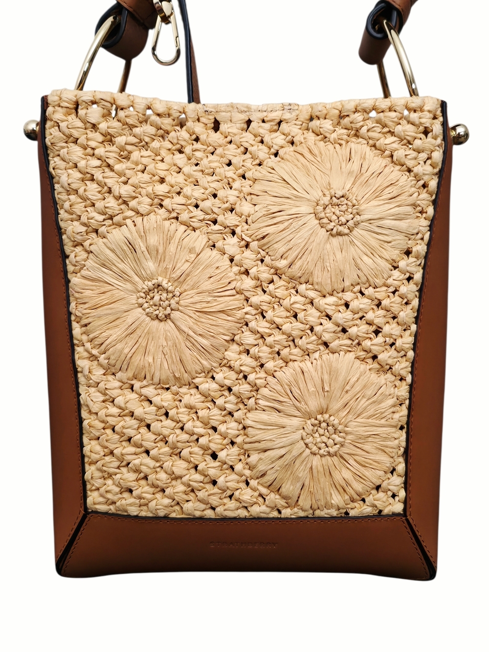 Strathberry Lana Midi Bucket Bag Raffia Leather Woven Floral Shoulder - Picture 4 of 10